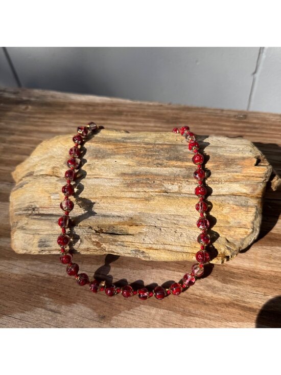 Vintage Jewelry - Vintage Venetian Millefiori Red Art Glass Bead Necklace 18” 10mm Barrel Clasp